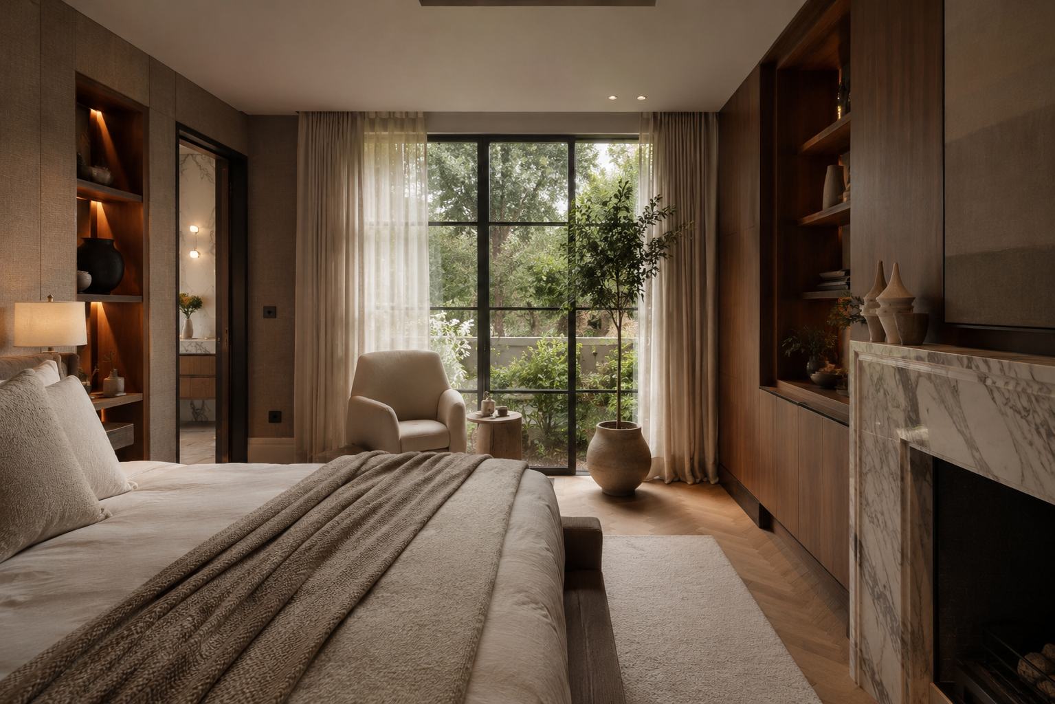 Principal bedroom with a marble fireplace, lit alcove joinery and layered bedside lighting