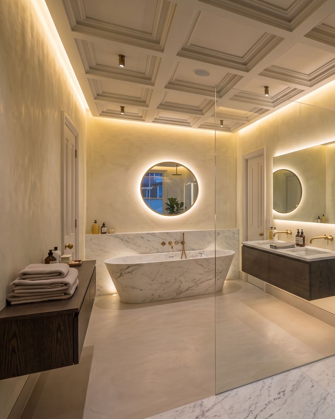 Bathroom lit by a coffered cove, backlit mirrors and a softly uplit stone bath