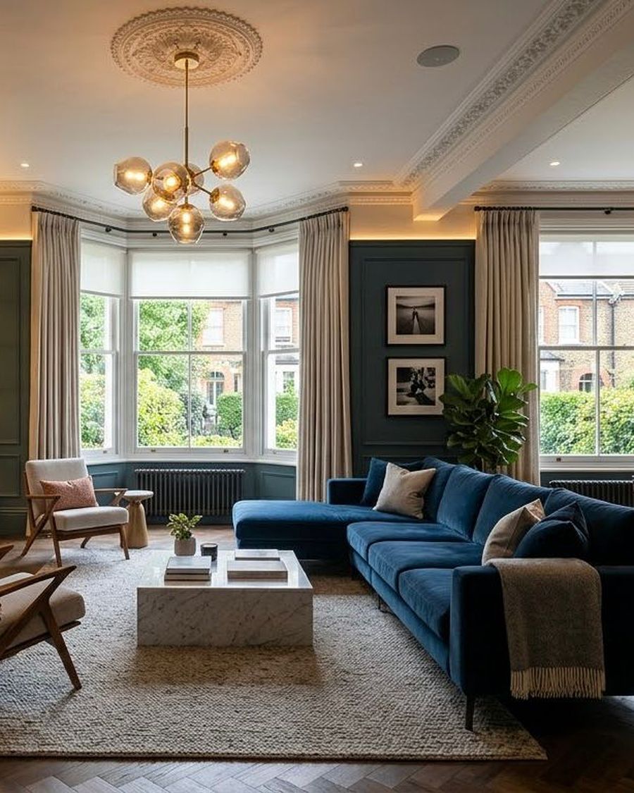 Bay-window living room with a brass chandelier, cove-lit cornice and lit alcove joinery