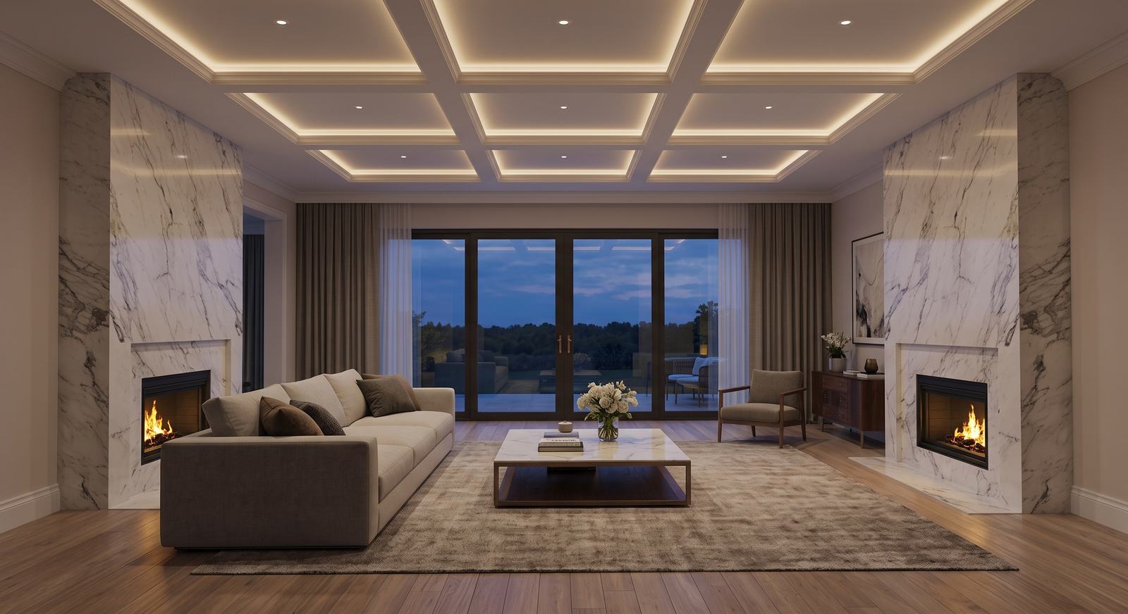 Coffered ceiling with concealed cove lighting above a twin-fireplace living room at dusk
