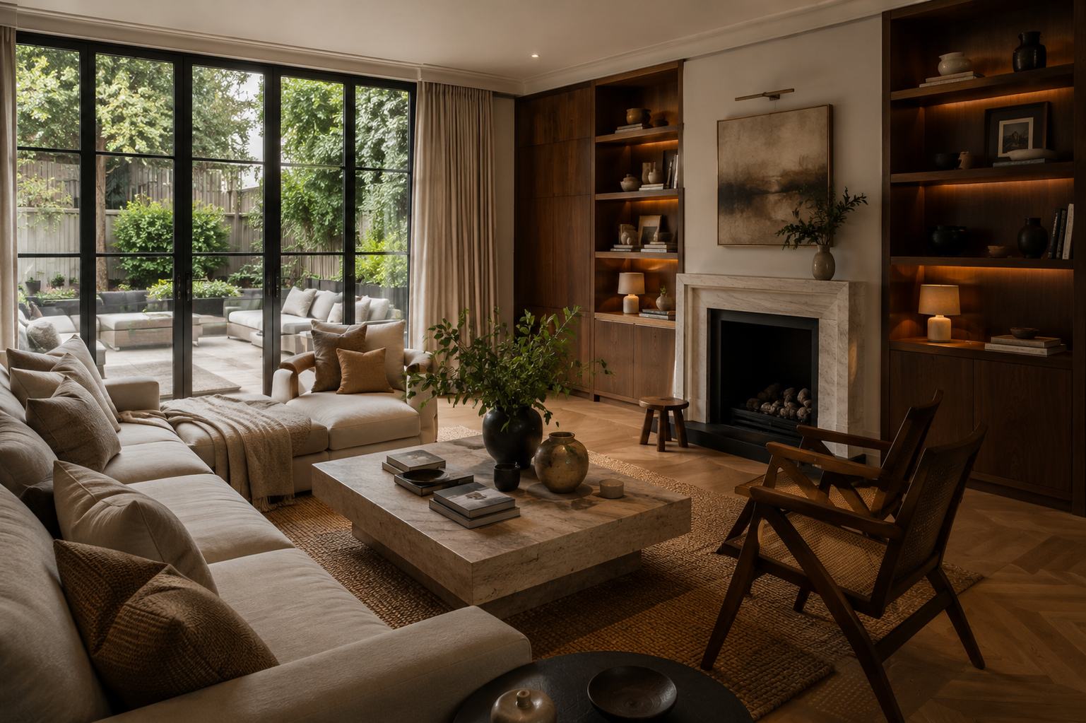 Living room with lit walnut shelving, stone fireplace and garden doors
